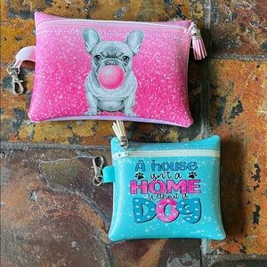 Pink French Bulldog Bubble Zipper Bag & Teal "Home Without a Dog" Coin Pouch